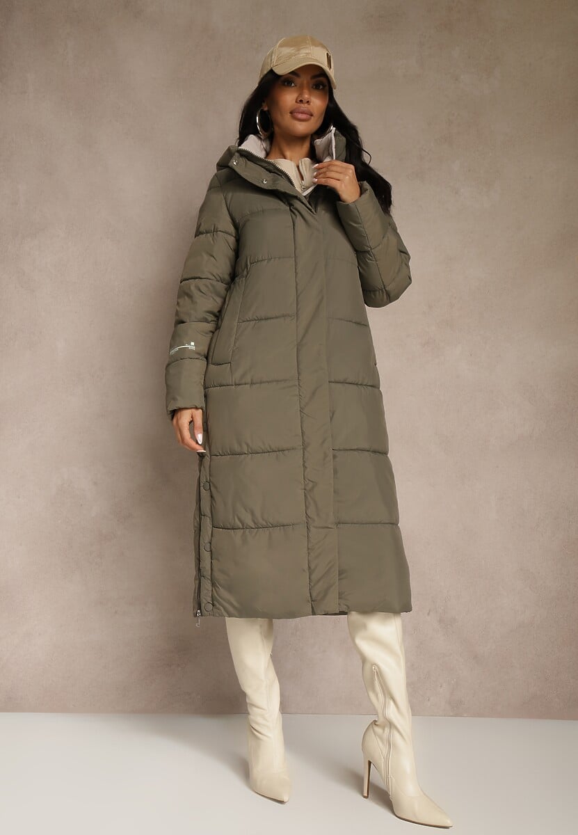 Ciemnozielona Pikowana Kurtka o Długim Kroju z Kapturem i Suwakami po Bokach Tevitte