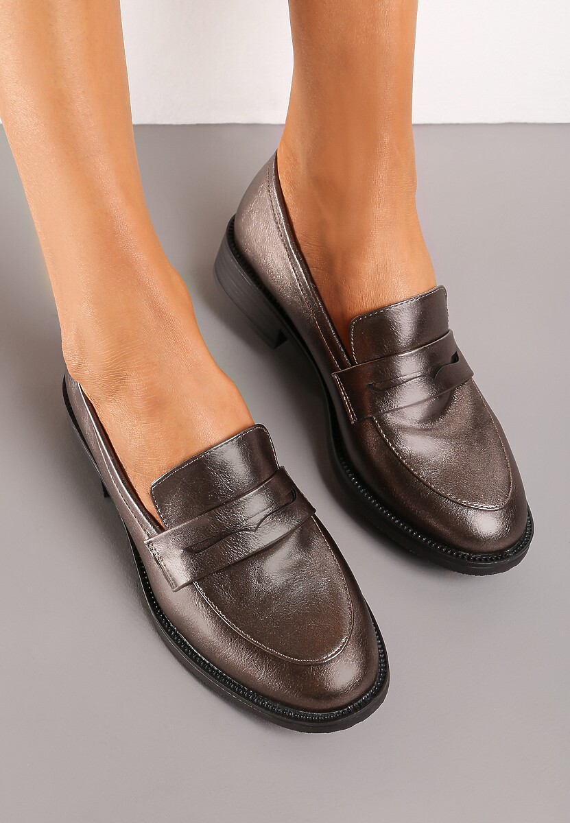 Srebrne Mokasyny w Stylu Loafersów z Wkładką ze Skóry Naturalnej Tykolina