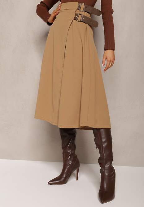 Beżowa Rozkloszowana Spódnica Midi z Gumką w Talii i Paskami z Imitacji Skóry Helemisia