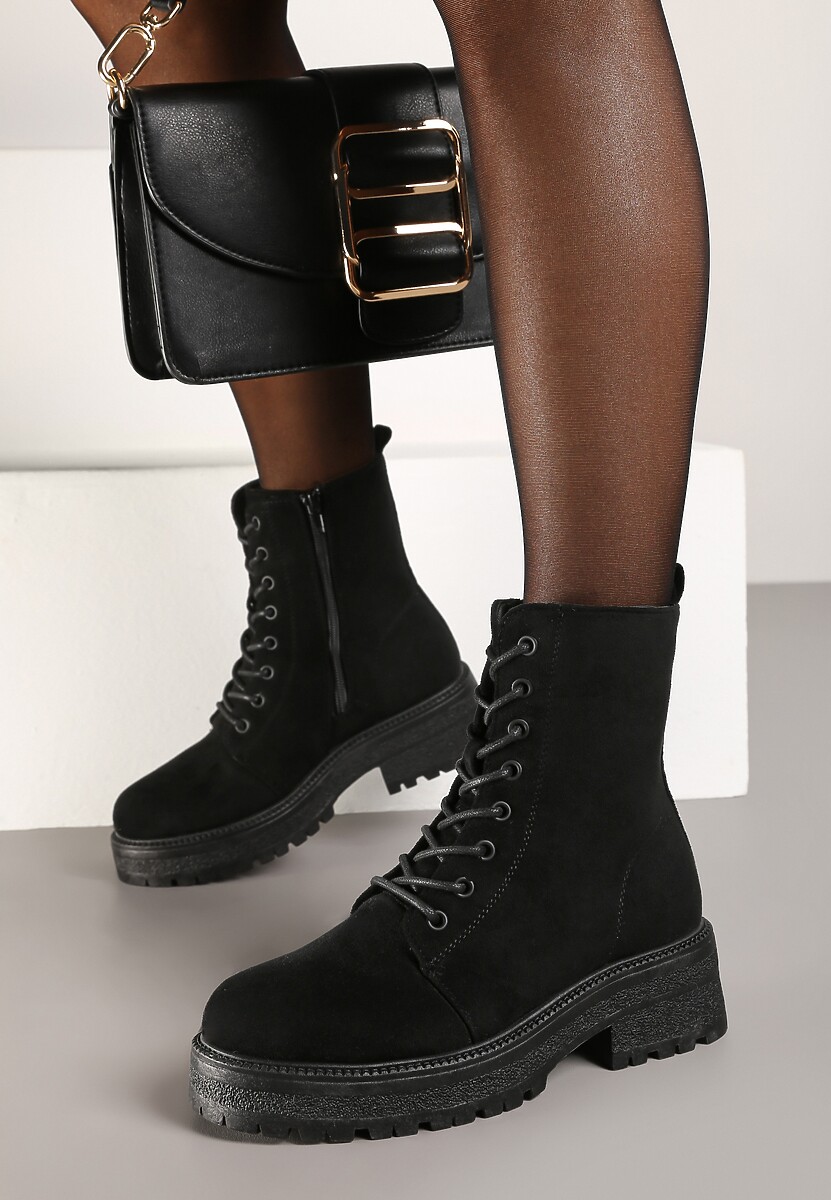 Czarne Sznurowane Botki na Grubej Podeszwie Vagala