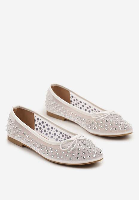 Białe Siateczkowe Balerinki Zdobione Cyrkoniami i Kokardką Revia