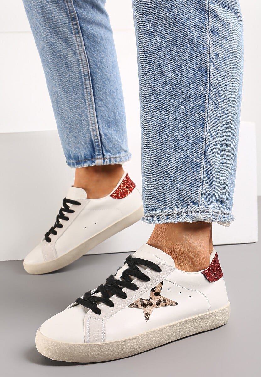 Beżowe Sneakersy ze Sznurowaniem Naszywką Gwiazdki i Brokatem Querena