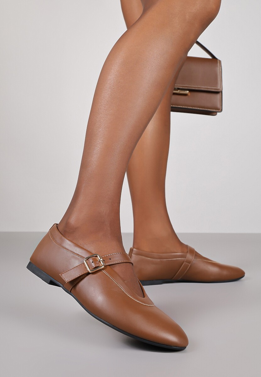 Brązowe Balerinki Vices w Stylu Mary Jane z Klamerką i Skórzaną Wkładką Dimaline