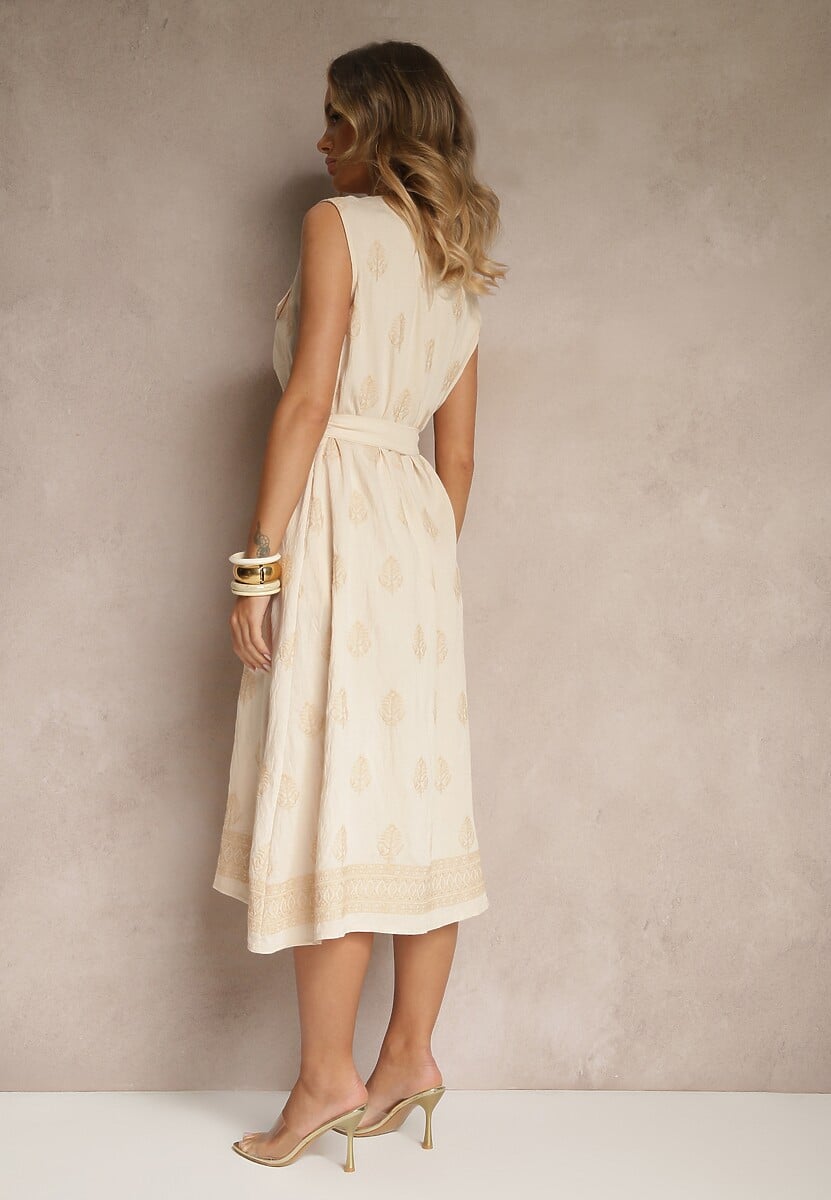 Beżowa Koszulowa Sukienka z Wiskozy Ozdobiona Paskiem i Haftami Aralova