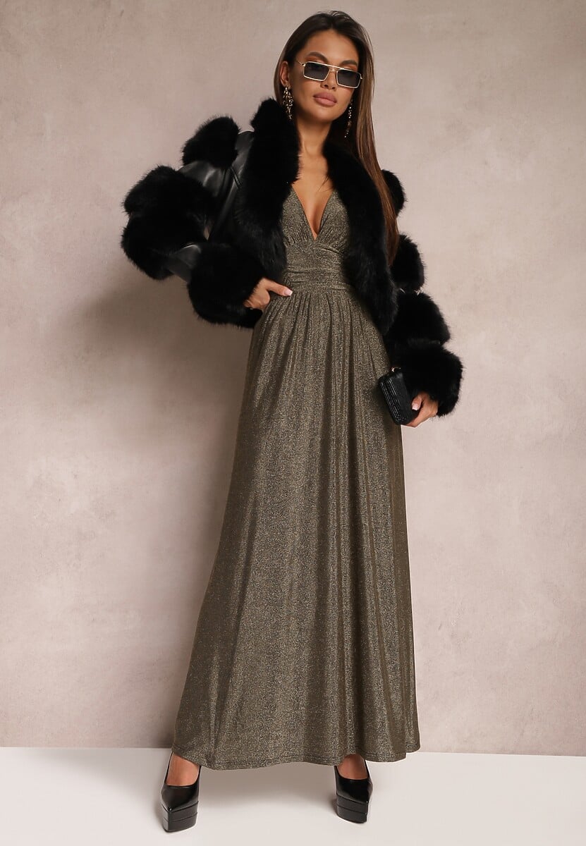 Złota Rozkloszowana Sukienka Maxi z Błyszczącego Materiału z Drapowaniem w Talii Kizzetta