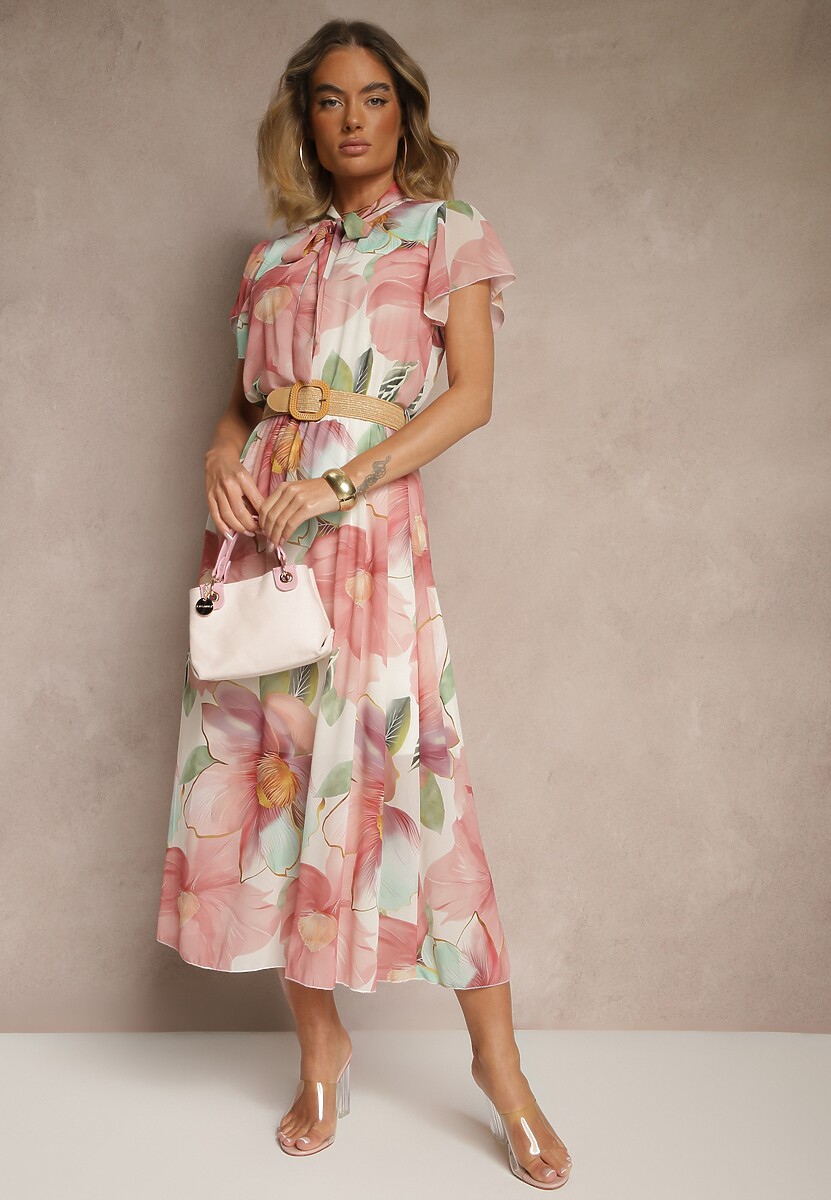 Różowa Rozkloszowana Sukienka Zdobiona Wiązaniem i Paskiem z Klamrą Sorisse