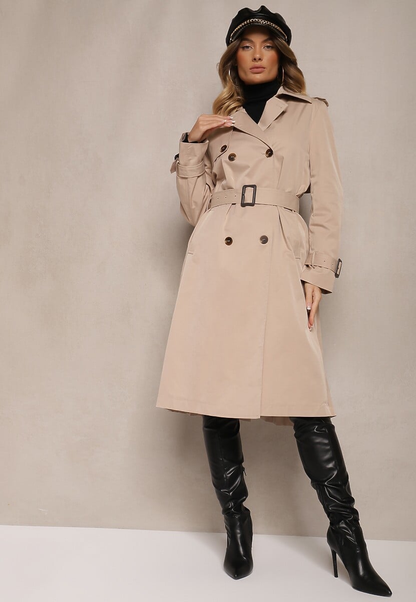 Czarny Trencz Płaszcz z Plisami na Tyle Paskiem w Talii i Dwurzędowym Zapięciem Sigin