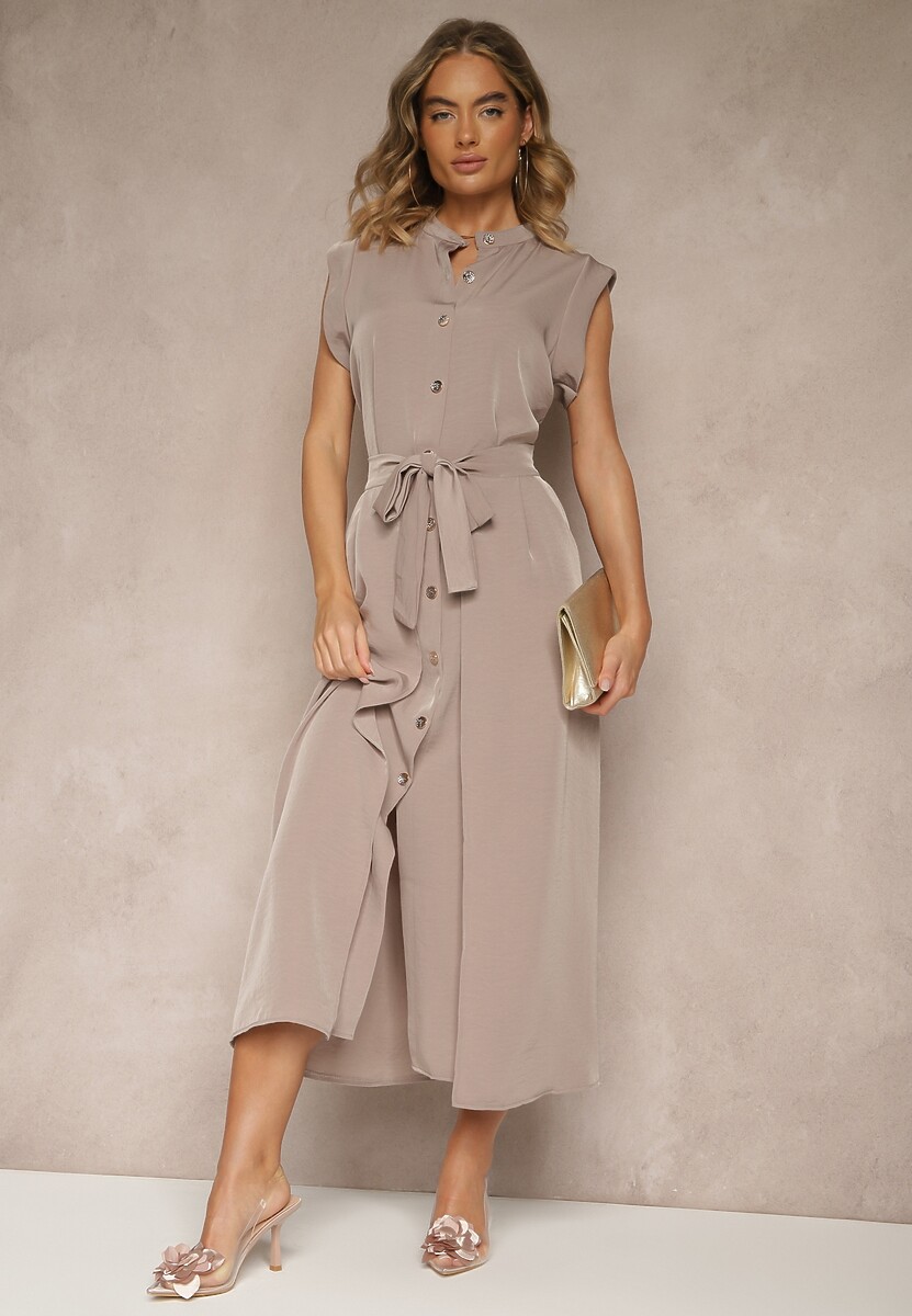 Brązowa Sukienka z Paskiem Koszulowa o Rozkloszowanym Fasonie Mavoselle