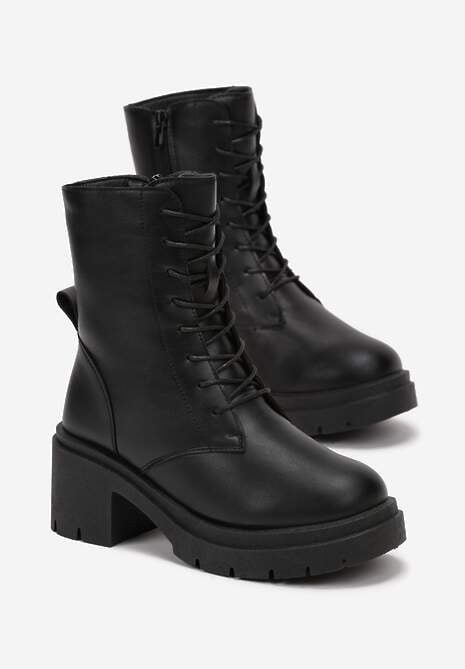 Czarne Sznurowane Botki z Imitacji Skóry na Podeszwie z Platformą i Żłobieniami Zaran