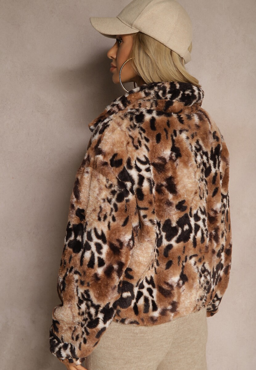 Czarno-Beżowa Kurtka z Futerka o Luźnym Kroju ze Ściągaczami Zdobiona Zwierzęcym Printem Kortisa