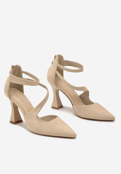 Beżowe Czółenka na Obcasie Typu Klepsydra ze Skośnymi Paskami Enollia