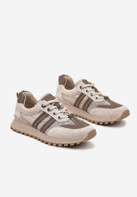 Beżowo-Brązowe Sneakersy z Wkładką ze Skóry Naturalnej w Paski Lenirna