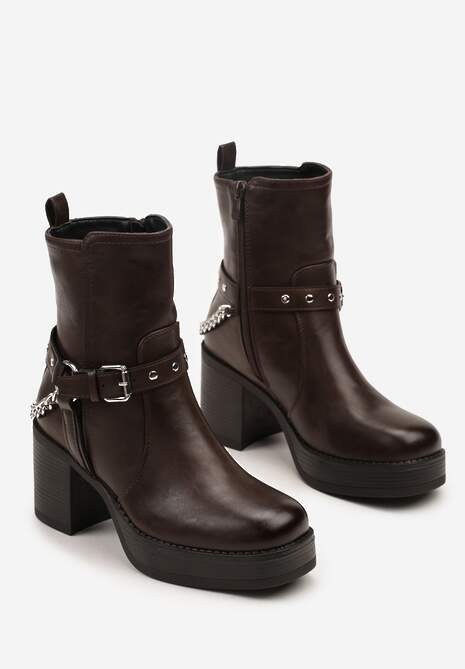 Brązowe Botki na Słupkowym Obcasie Zdobione Paskiem ze Sprzączką i Łańcuszkiem Ilvisse