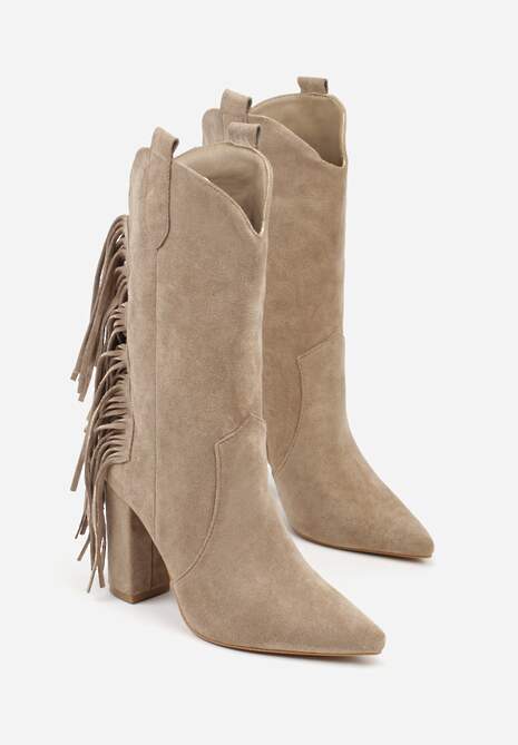 Ciemnobeżowe Botki Kowbojki na Słupku Ozdobione Frędzlami Reikka