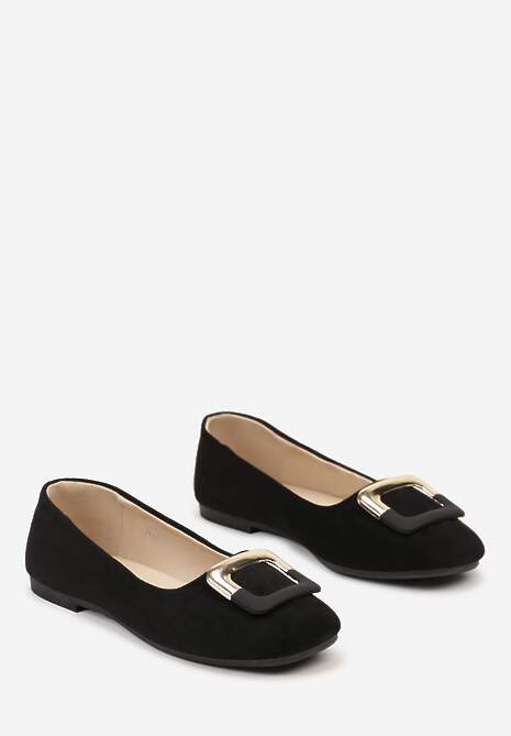 Czarne Casualowe Balerinki na Płaskiej Podeszwie z Metaliczną Aplikacją Chrissti