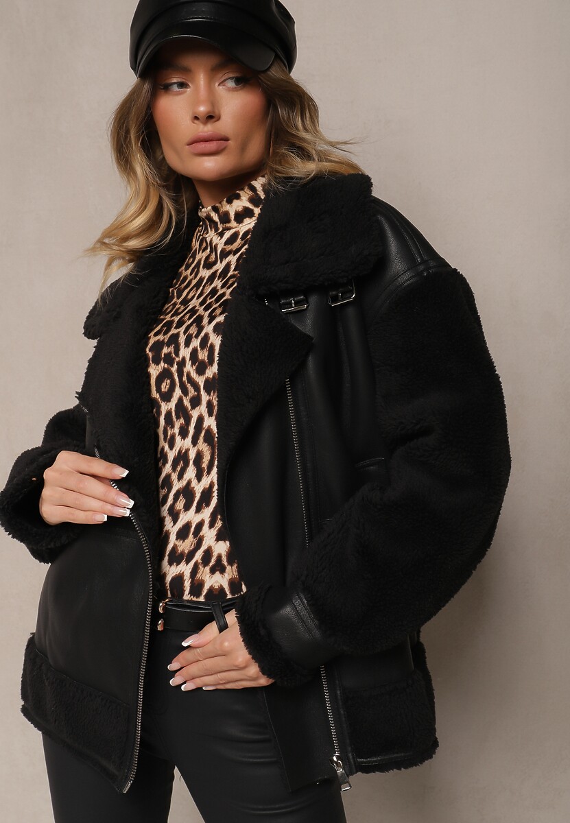 Czarno-Biała Kurtka Ramoneska z Futerkiem Mysteri