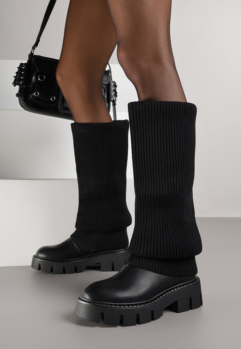 Brązowe Kozaki Chunky z Dzianinową Cholewką Imitującą Nogawkę Fenema