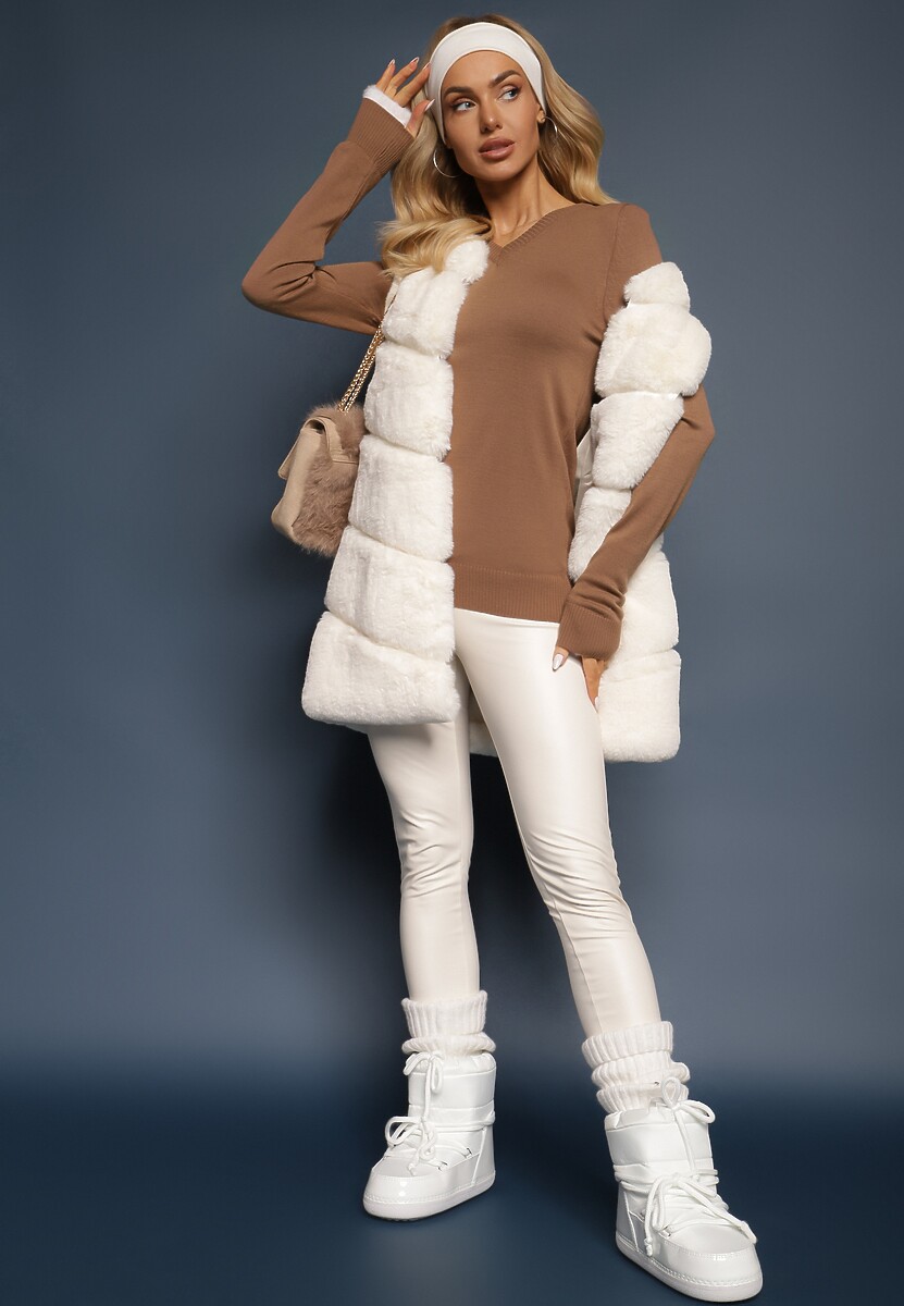 Brązowy Sweter w Klasycznym Stylu z Dekoltem w Serek Feliriel