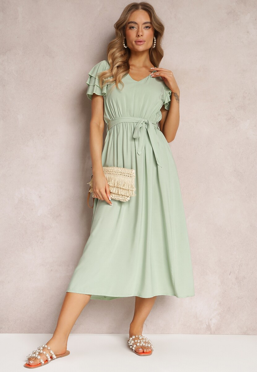 Jasnozielona Wiskozowa Sukienka Midi z Gumką w Talii i Falbankami Nenora
