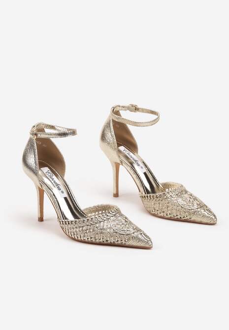 Złote Sandały na Szpilce z Plecioną Cholewką Finlexia