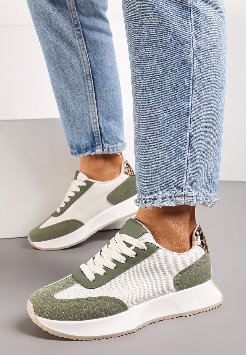 Biało-Zielone Sneakersy na Grubej Podeszwie z Ozdobnymi Przeszyciami i Sznurowaniem Filmia