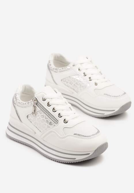 Białe Sneakersy na Platformie Ozdobione Suwakiem i Paskami Korirae