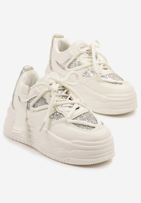 Beżowe Sneakersy w Streetwearowym Stylu na Tłoczonej Platformie z Brokatem Mailienne