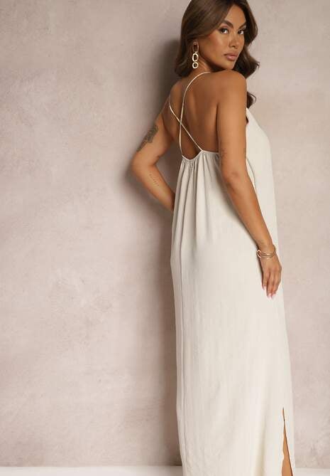 Beżowa Sukienka na Ramiączkach o Taliowanym Kroju Rivatta