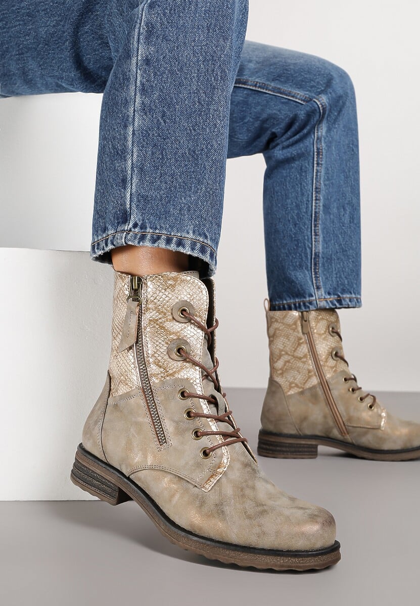 Brązowe Botki w Stylu Workerów z Ozdobnym Suwakiem i Wężową Wstawką Vemalora