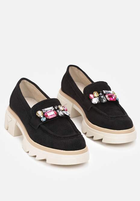 Czarne Mokasyny z Kryształami i Wkładką ze Skóry Naturalnej Zaidy