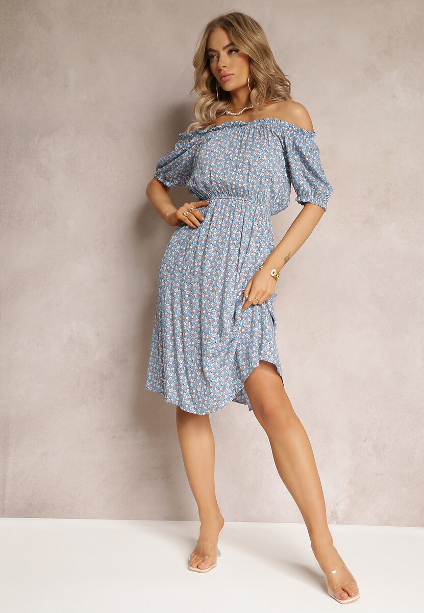 Niebieska Sukienka Hiszpanka z Gumką w Talii z Wiskozy Alines