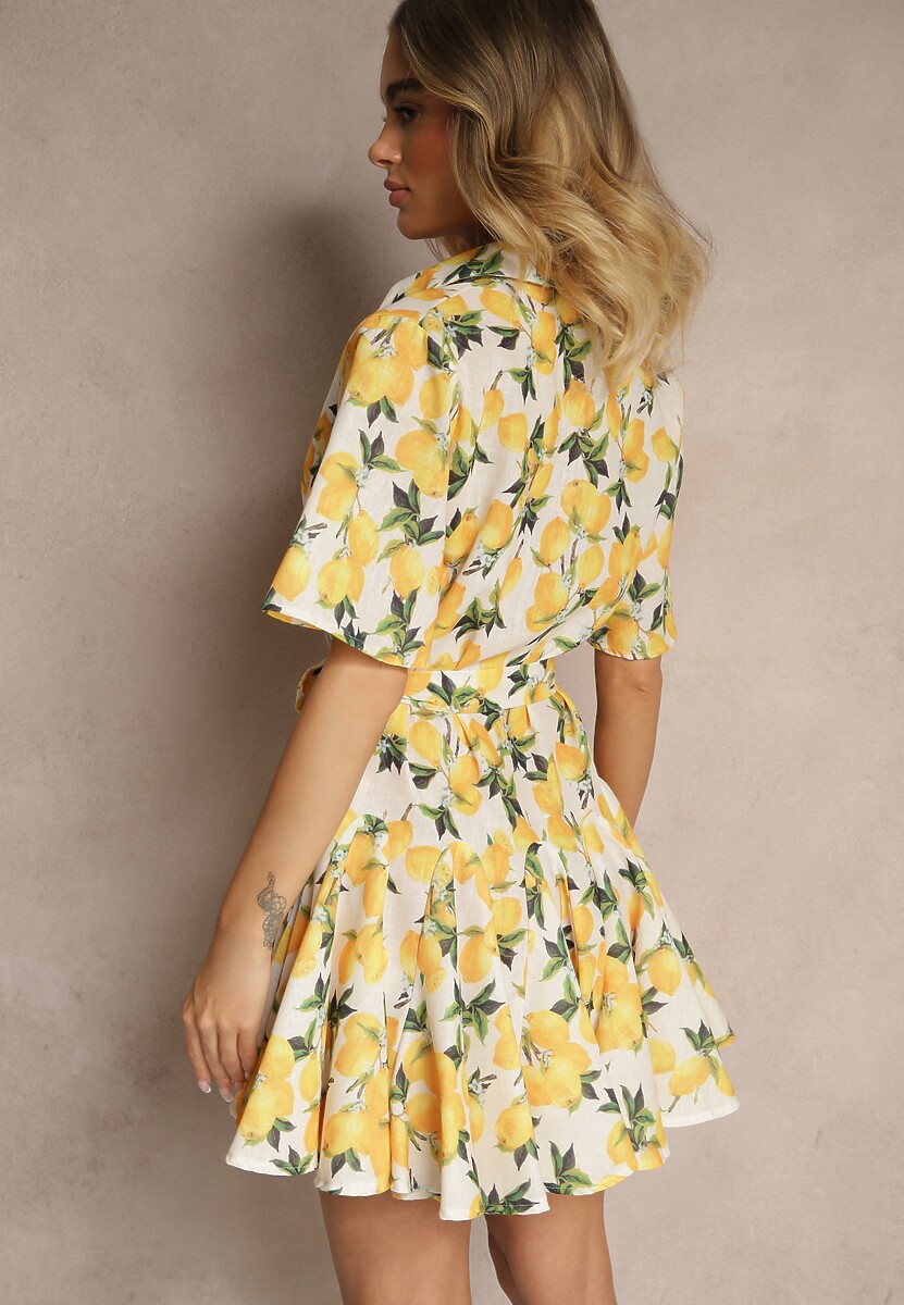 Beżowa Rozkloszowana Sukienka Koszulowa z Wiązanym Paskiem i Krótkim Rękawem Lavialane