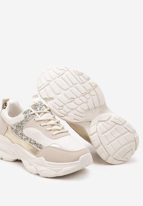 Beżowe Sneakersy na Platformie z Tłoczeniem Ozdobione Cekinami Narisae