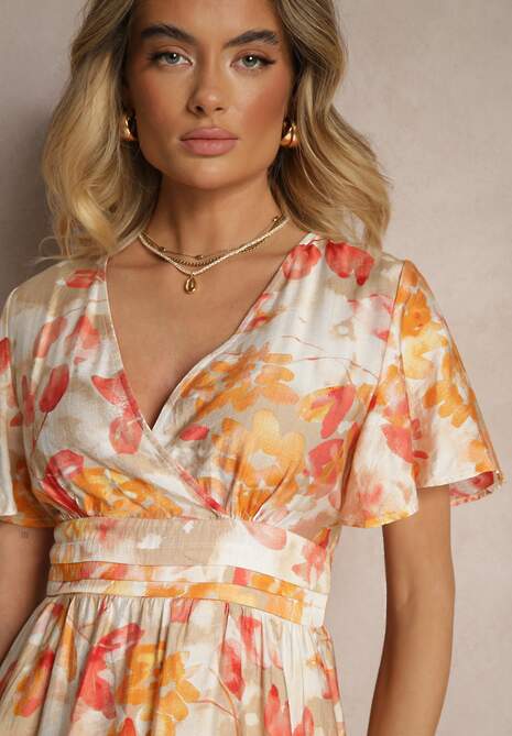 Pomarańczowa Rozkloszowana Sukienka z Wiskozą w Kwiaty z Kopertowym Dekoltem Zeledia