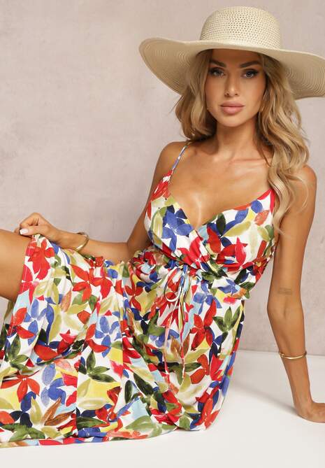 Biało-Czerwona Kopertowa Sukienka z Wiskozy na Ramiączkach i Gumką w Talii Tiamali