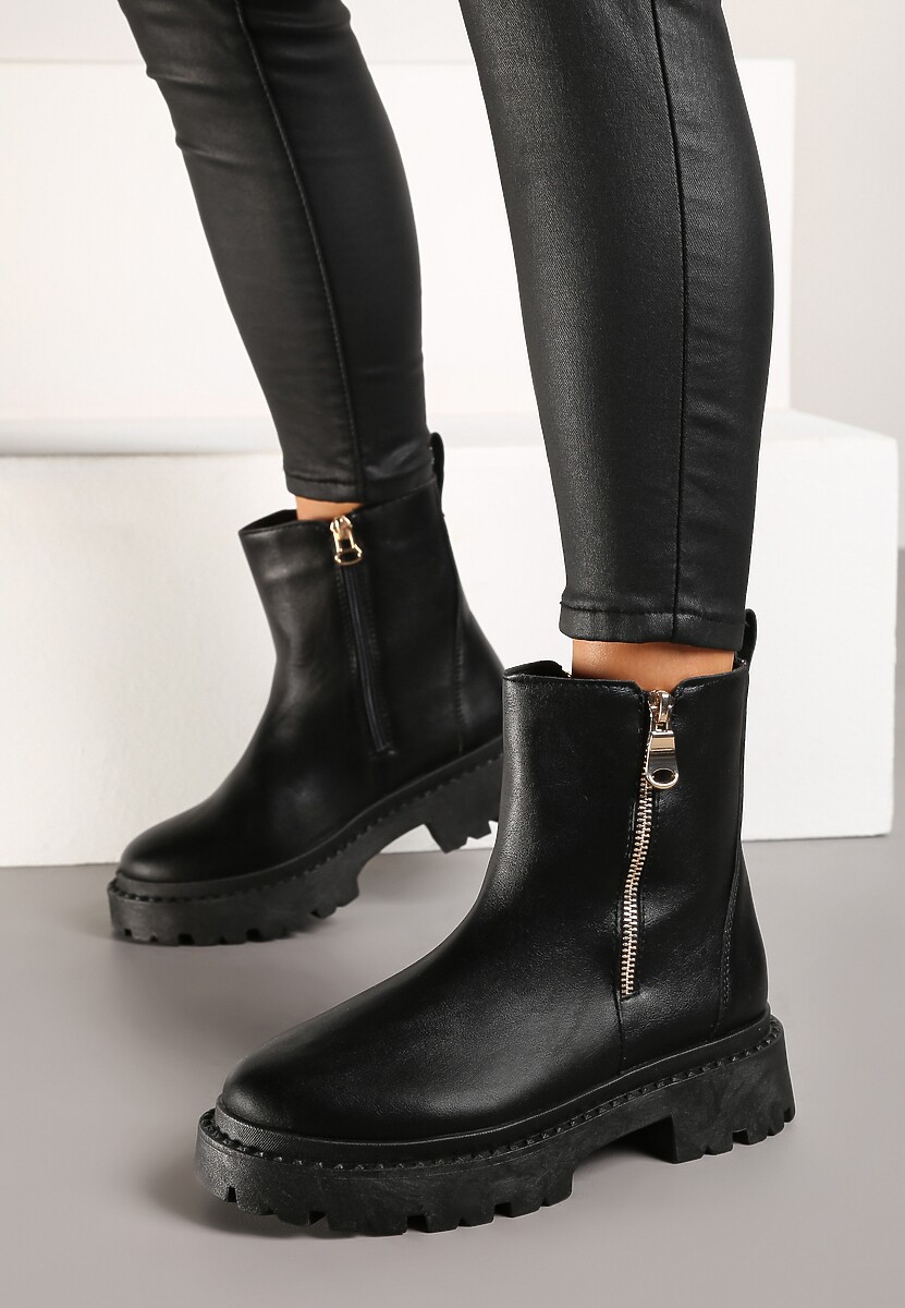 Czarne Płaskie Botki z Suwakiem Tinaferr