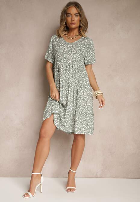 Zielona Rozkloszowana Sukienka z Bawełną w Kwiaty Mevazia