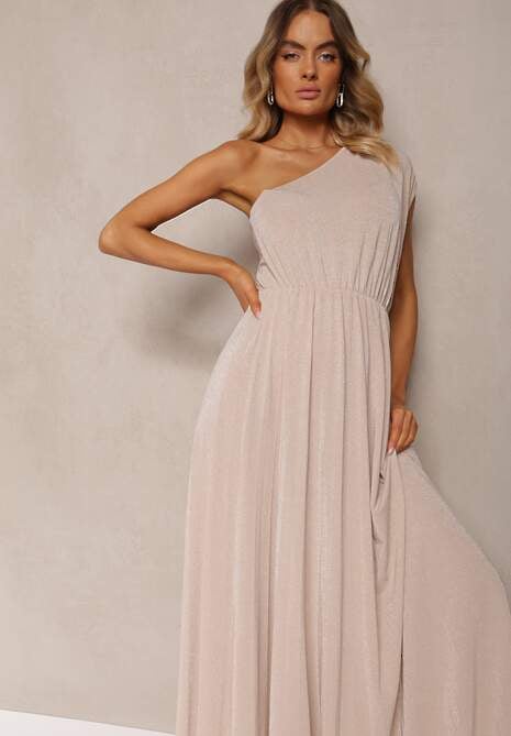 Beżowa Plisowana Sukienka na Jedno Ramię z Gumką w Pasie Nansah