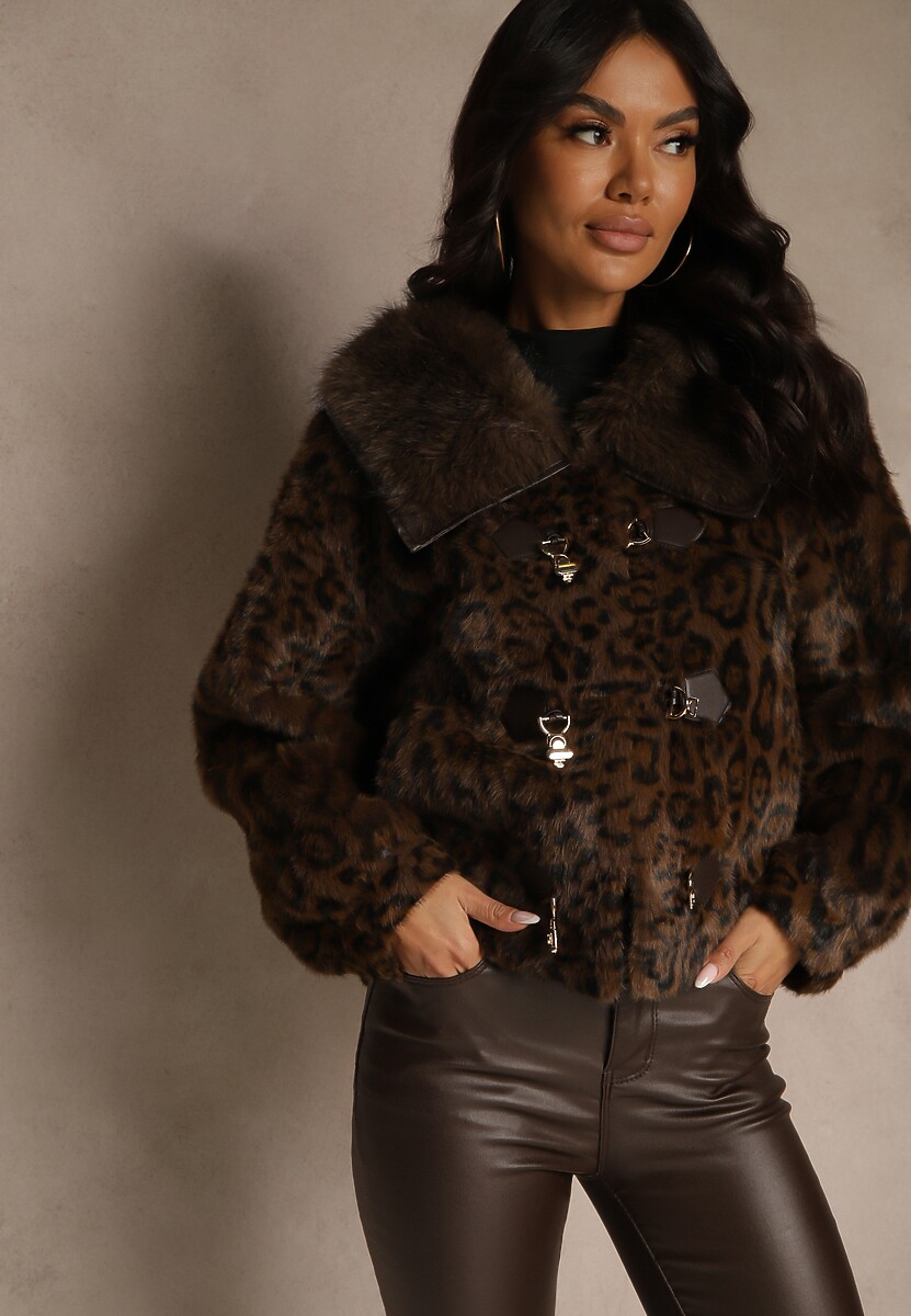 Brązowa Krótka Kurtka Futerko w Panterkę z Oryginalnym Zapięciem Otizana