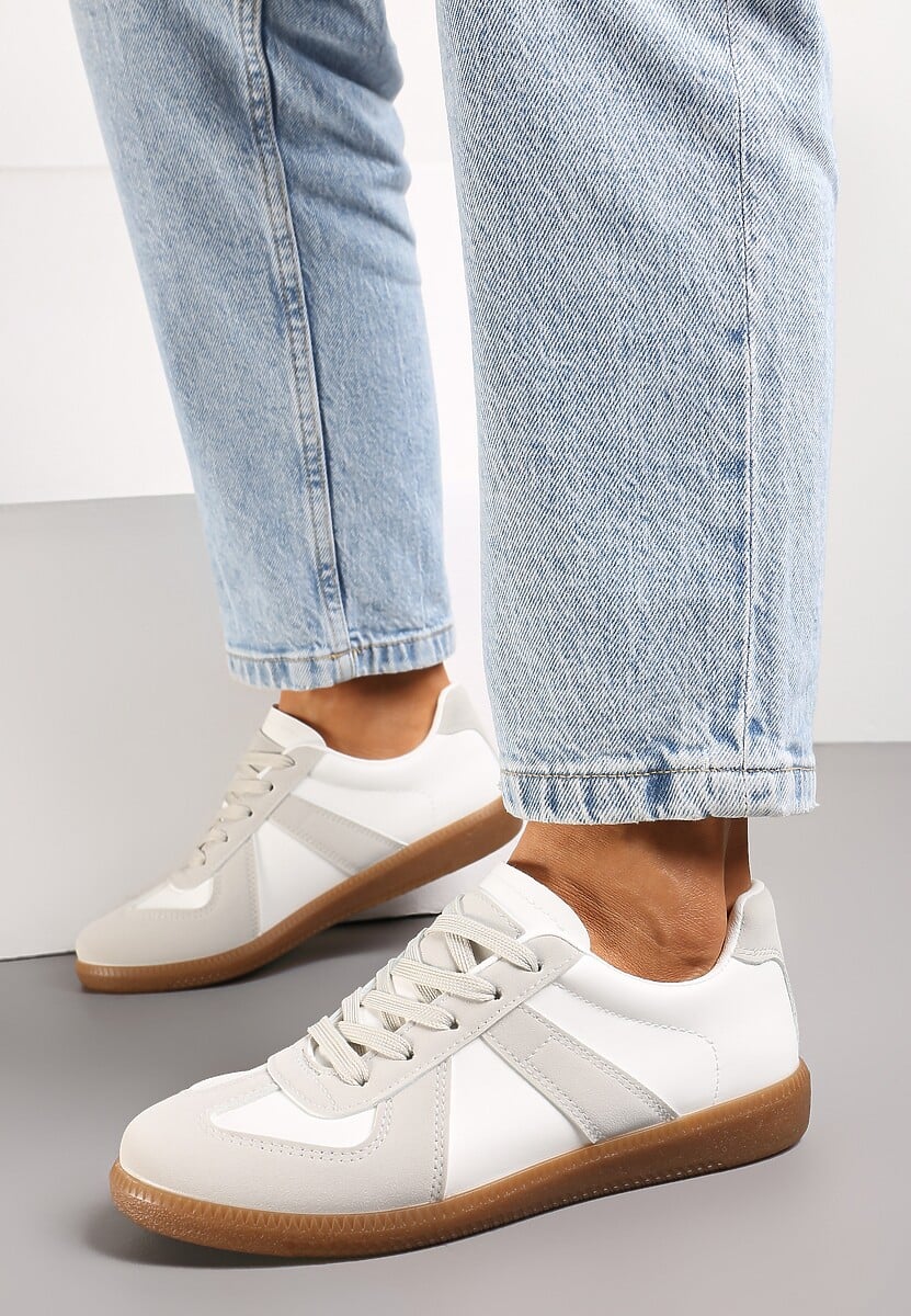 Szaro-Białe Sznurowane Sneakersy z Imitacji Skóry na Płaskiej Podeszwie Glezoma