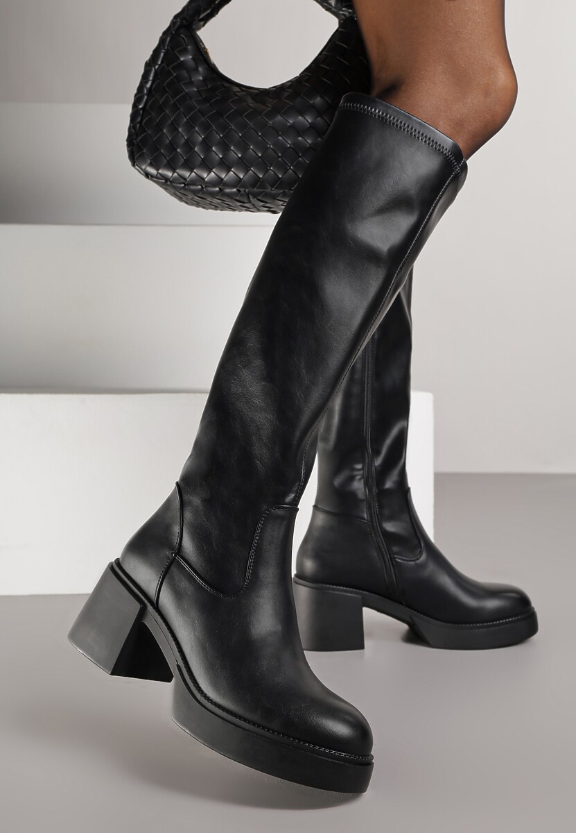 Czarne Kozaki Przed Kolano z Ekoskóry na Słupku Zapinane na Zamek Stallata