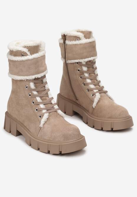 Ciemnobeżowe Botki Workery na Grubej Podeszwie z Futerkiem Valiro