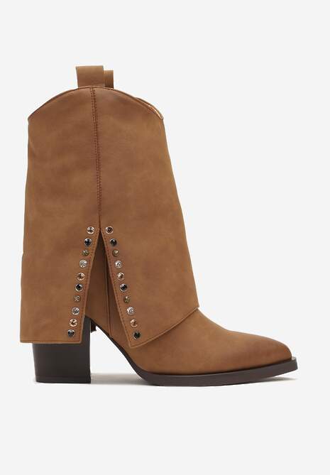 Brązowe Botki na Stożkowym Słupku Kowbojki z Wywiniętą Cholewką Mavora