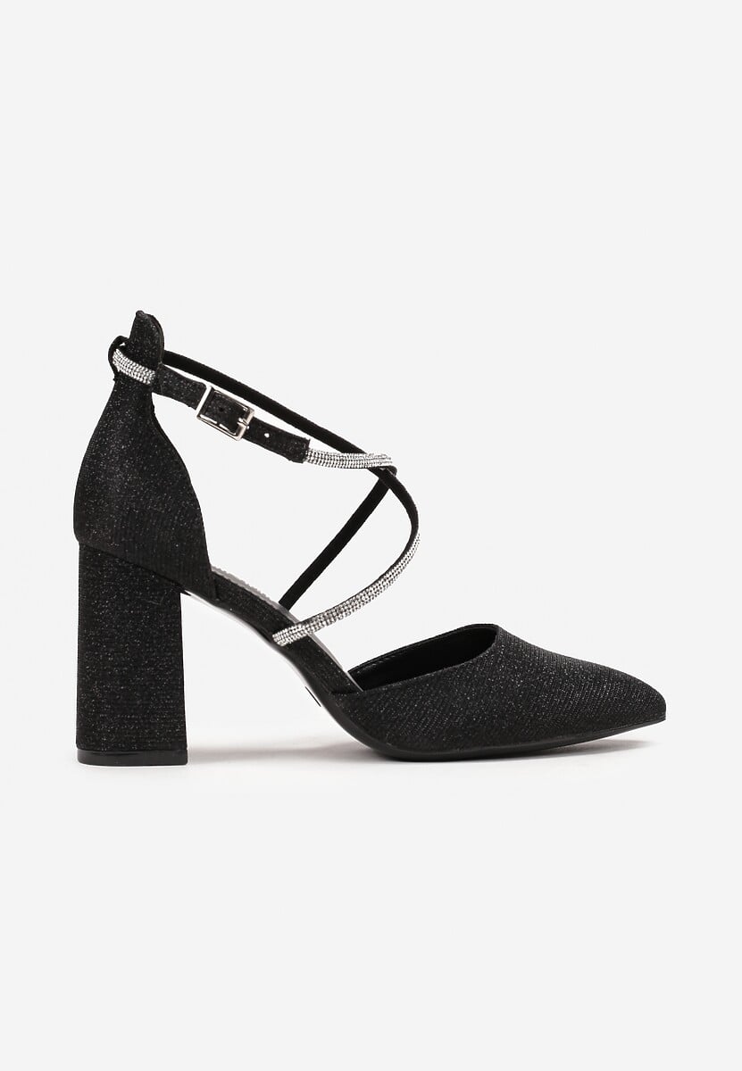 Czarne Czółenka z Brokatem na Słupku z Paskami w Cyrkonie Waleria