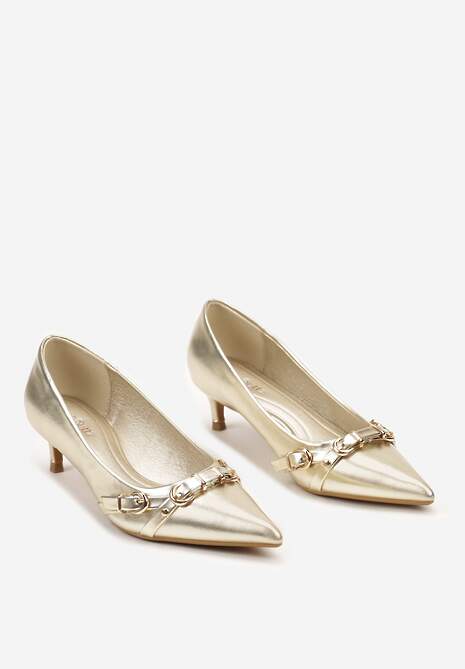 Złote Czółenka z Obcasem Stiletto i Ozdobnymi Klamrami Annamora