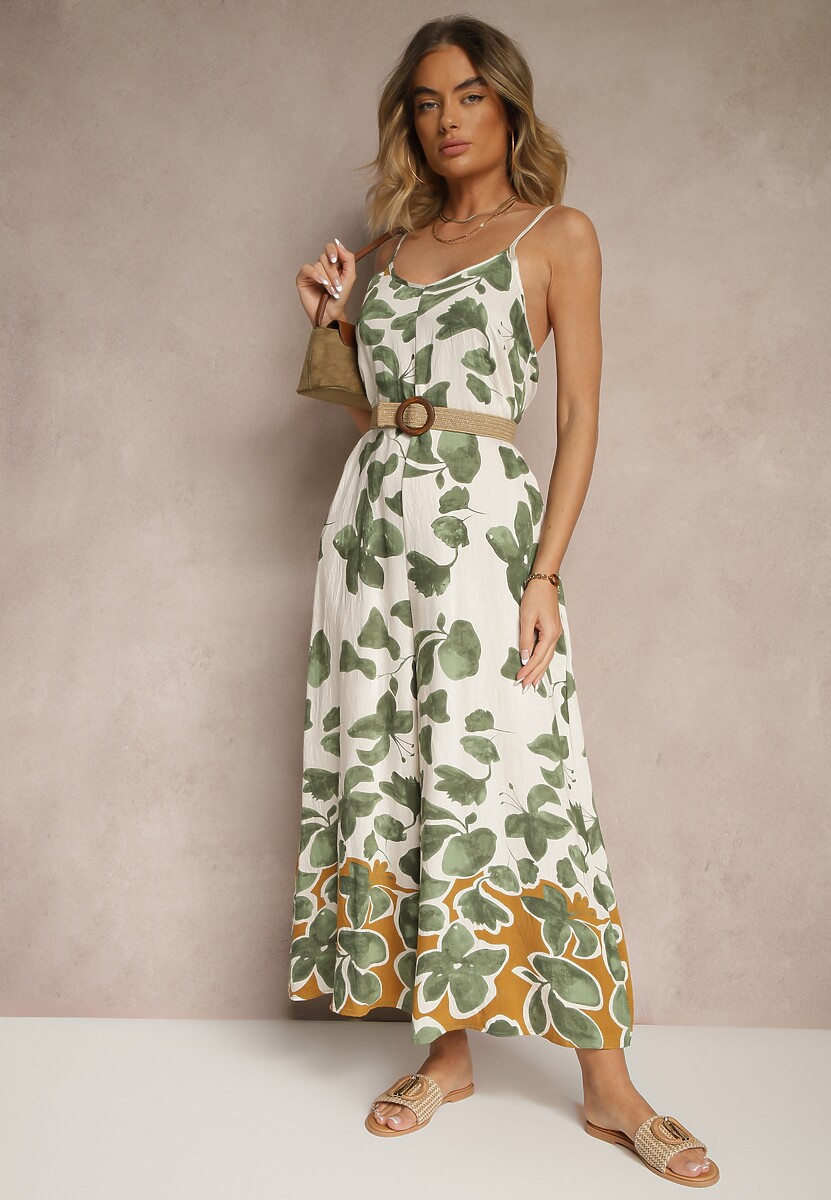 Zielono-Beżowy Kombinezon Wide Leg z Wiskozą na Ramiączkach Iffiane