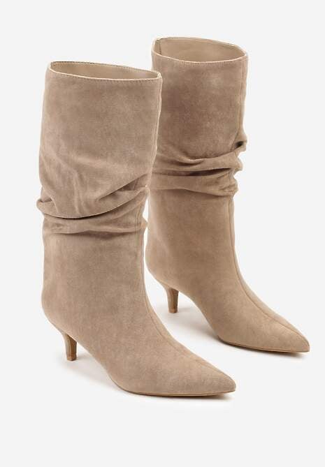 Ciemnobeżowe Botki na Kaczuszce z Marszczoną Cholewką Nalorena