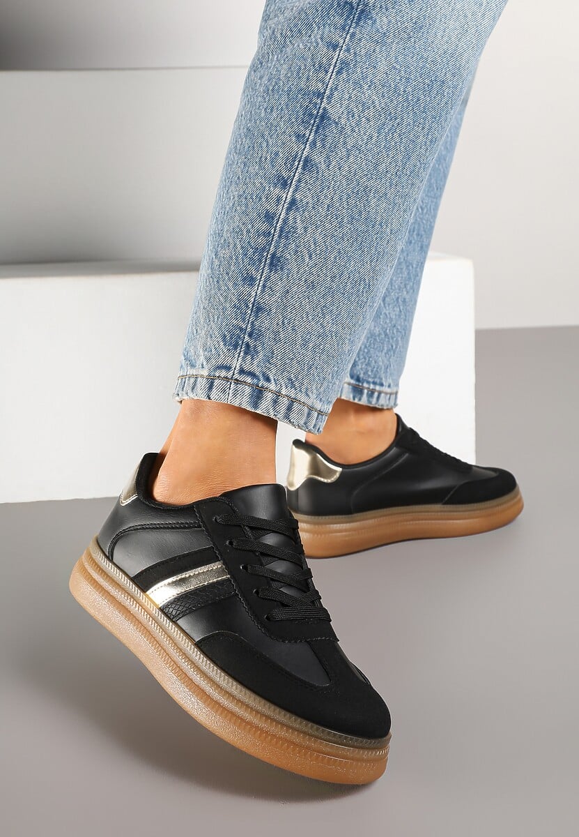 Czarne Sneakersy w Stylu Tenisówek Ozdobione Metaliczną Aplikacją Tihanor