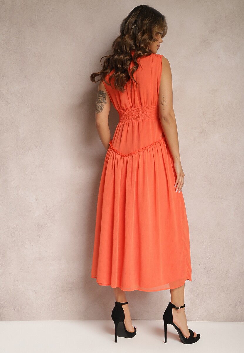 Pomarańczowa Rozkloszowana Sukienka Długa z Guzikami o Taliowanym Fasonie Jovitta