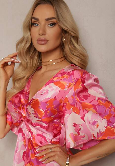 Różowa Sukienka z Marszczonym Dekoltem i Gumką w Talii z Rozcięciami Dilapia